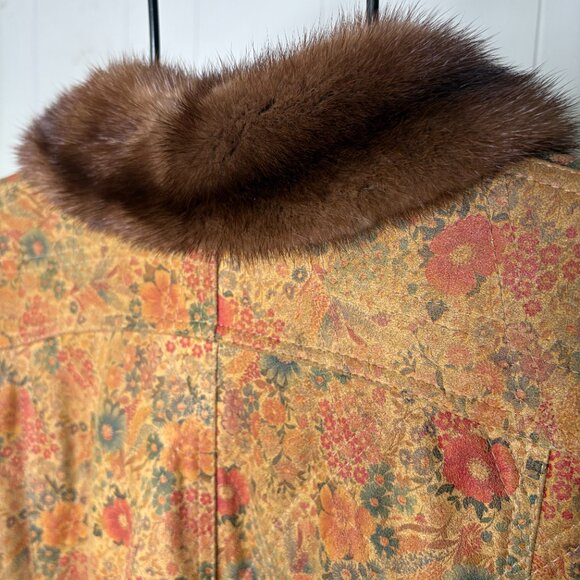 Vintage Maple Furriers Fur Collar Leather Swing Coat‎ Floral Brown Boho RARE - Picture 6 of 11